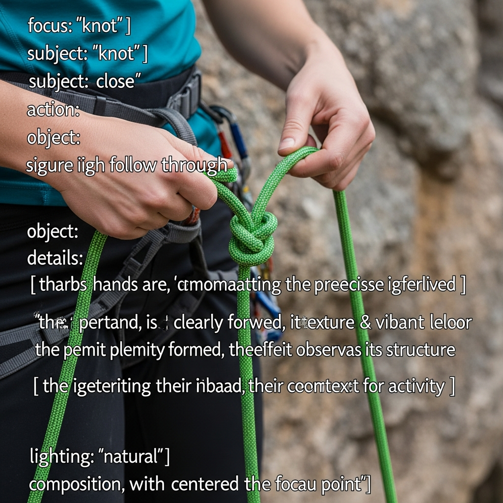 close up shot of a rock climber tying a secure figure eight follow through knot with a bright green rope