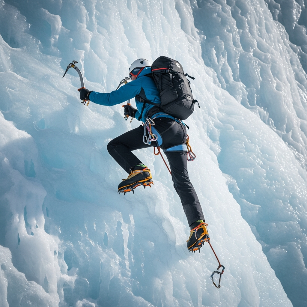 A skilled mountaineer scales a sheer vertical blue ice waterfall using modern modular crampons and rigid boots.