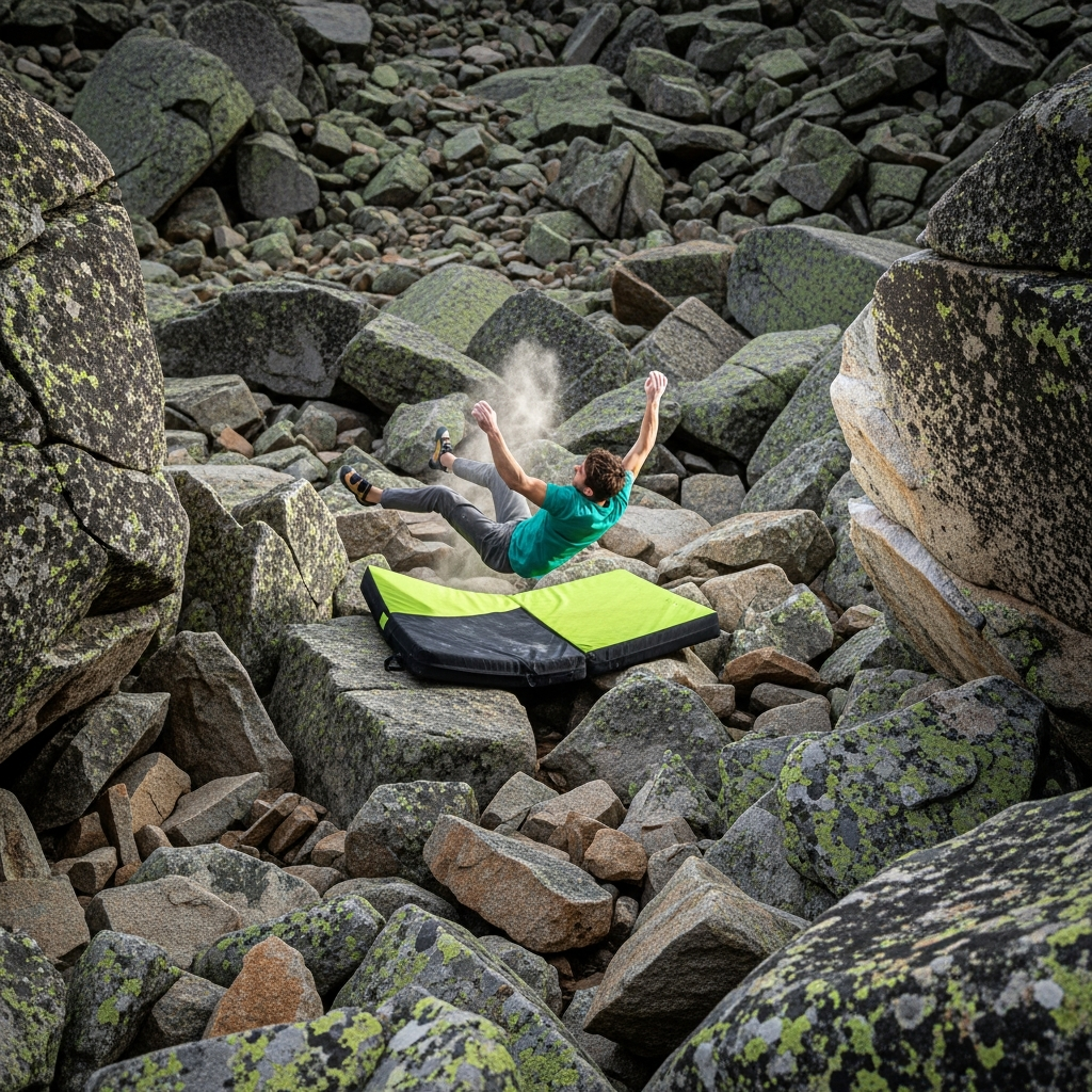 A wide shot of a boulderer falling onto a strategically placed crash pad over a highly uneven rocky talus field