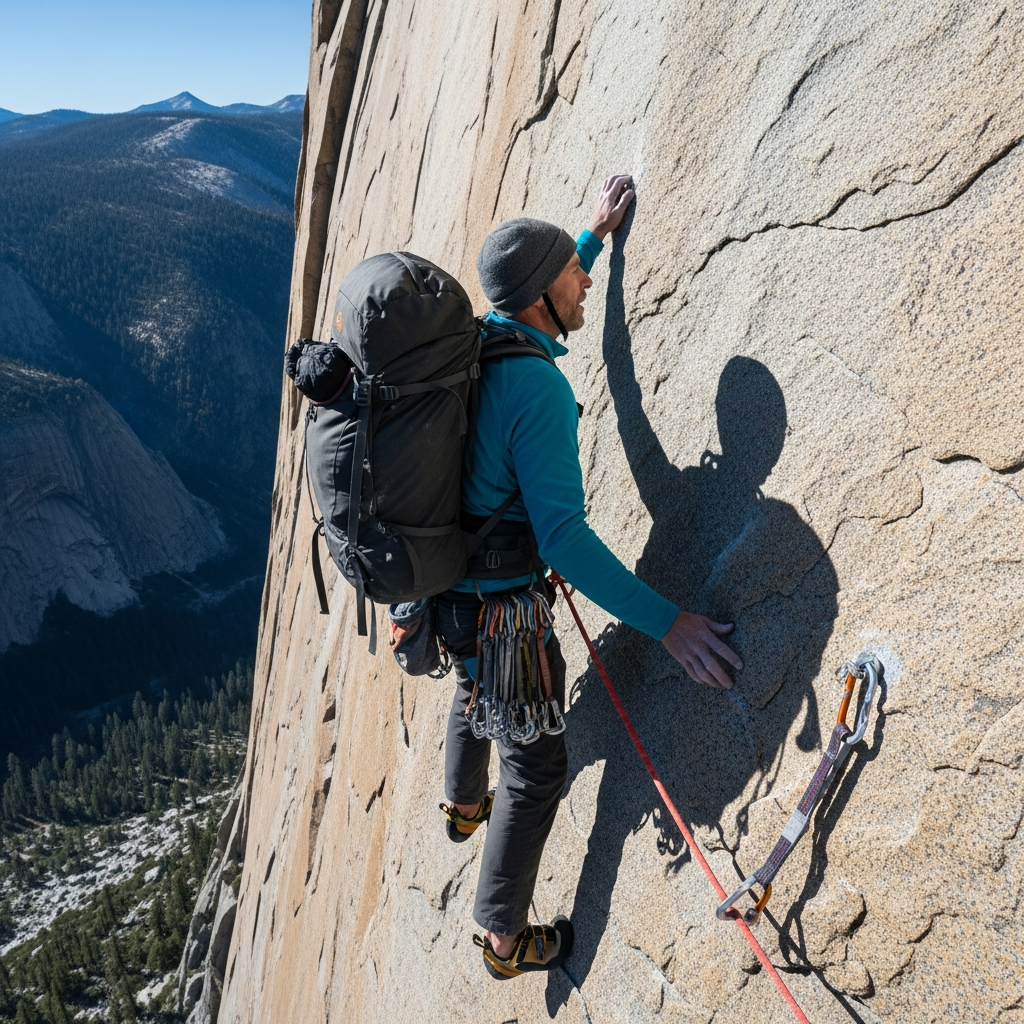A high-angle view of a professional rock climber hauling a durable expedition backpack up a sheer granite cliff during a multi-day big wall ascent.