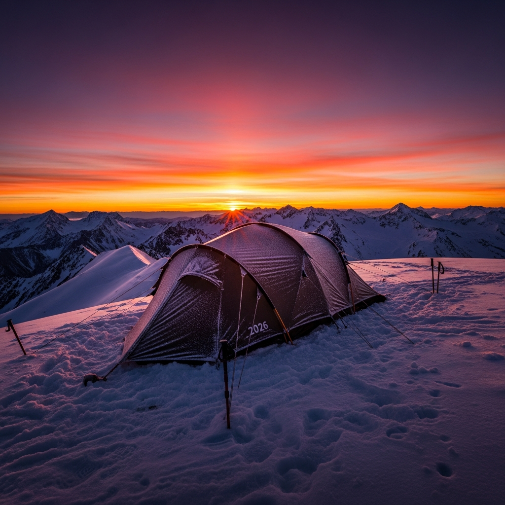 A rugged four-season mountaineering tent securely pitched on a heavily snow-capped alpine ridge during a vibrant 2026 sunset.