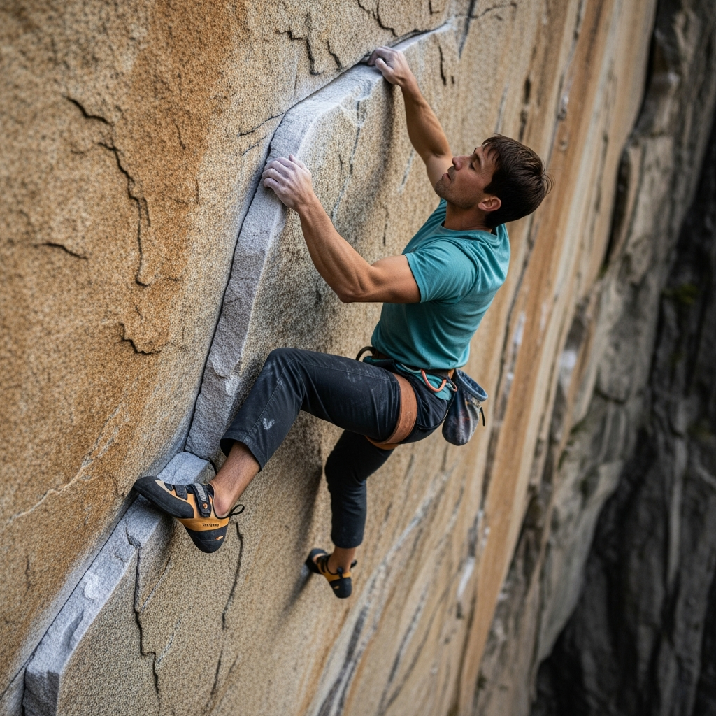 A wide-footed rock climber confidently scaling a steep granite face wearing high-performance climbing shoes in 2026.
