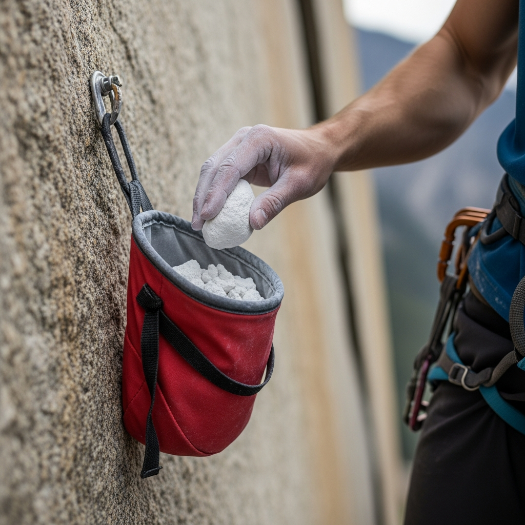 A rugged climber dipping their hand into a bright red budget chalk bag while scaling a steep granite cliff face in the mountains.