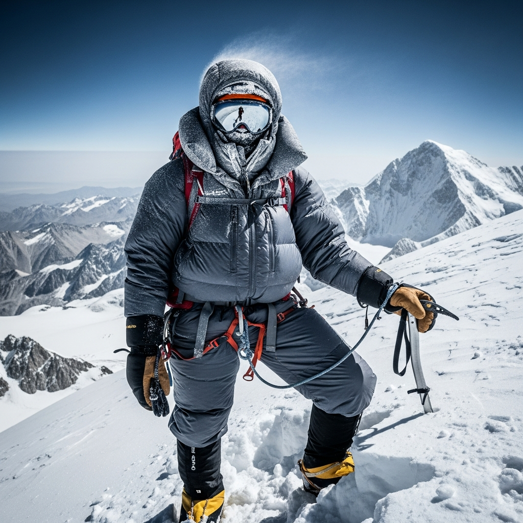 A high altitude mountaineer standing on a snowy ridge wearing thick expedition mittens and holding an ice axe against a bright blue sky.