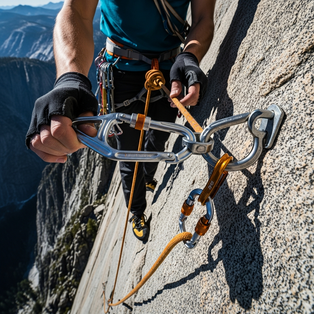 A high-quality photo showing a climber securely clipping a silver and orange locking carabiner to a bolted anchor on a steep granite cliff.