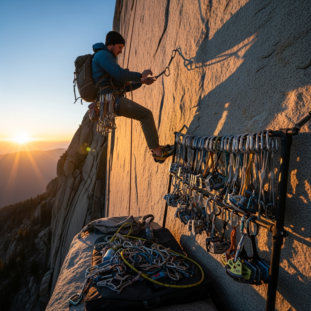 A climber hangs comfortably in a heavy-duty big wall harness while organizing a massive rack of gear on a sheer granite face at sunrise.