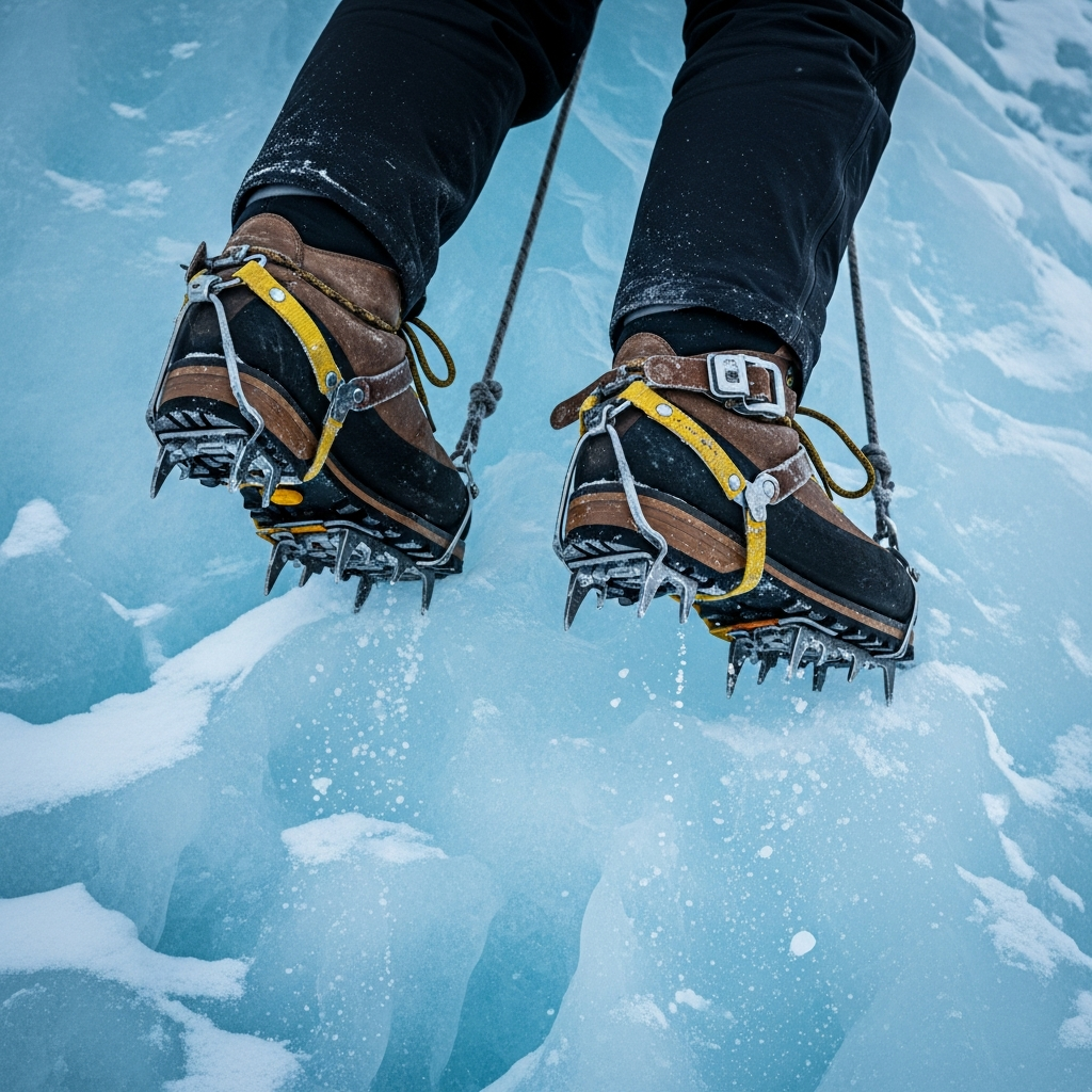 A close-up shot of a climber's boots equipped with sharp steel crampons kicking into a solid blue vertical ice wall during a harsh winter expedition.