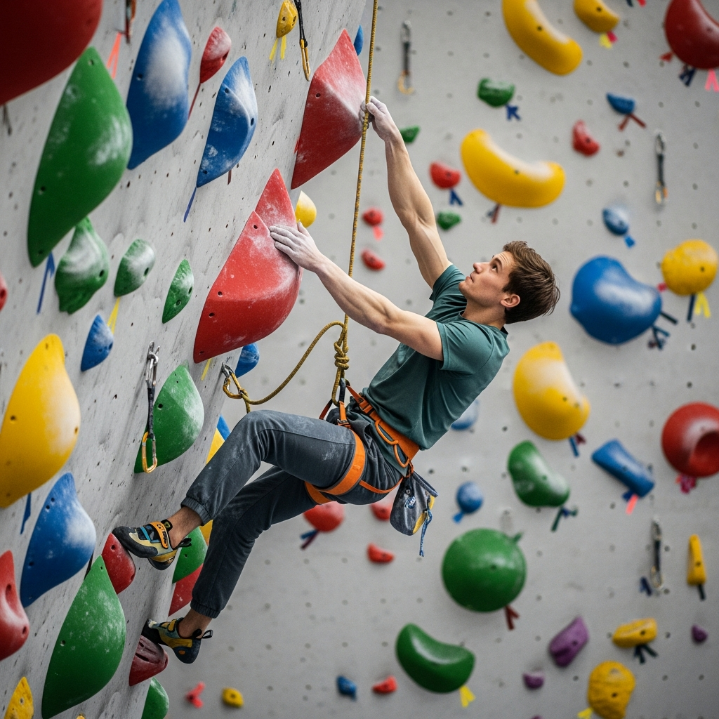 A high-resolution photograph of an athletic climber dynamically clipping a brightly colored climbing rope into a quickdraw on a steep indoor gym wall.