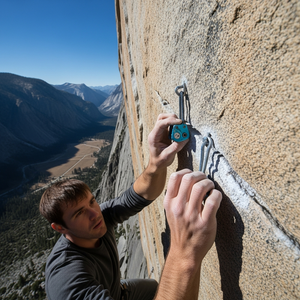 A high-angle shot of a determined trad climber placing a shiny micro cam into a razor-thin granite crack high above the valley floor under a clear blue sky.