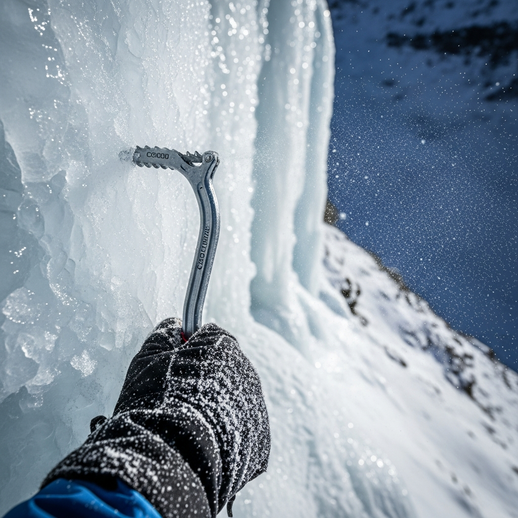 A climber places a steel ice screw into a steep frozen waterfall against a clear blue winter sky.