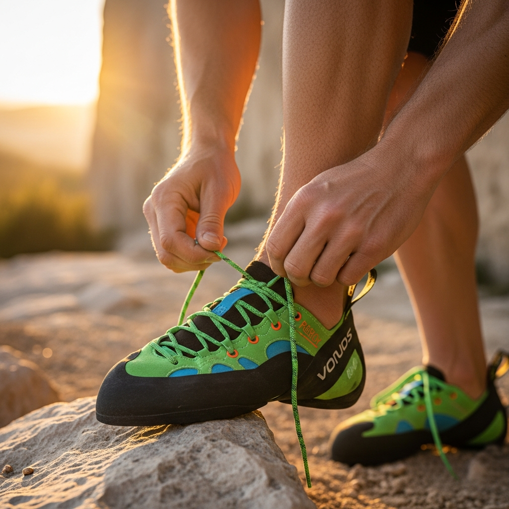 A high-quality close-up of a rock climber with narrow feet securely lacing up a pair of aggressive low-volume climbing shoes at the base of a sunny limestone crag.