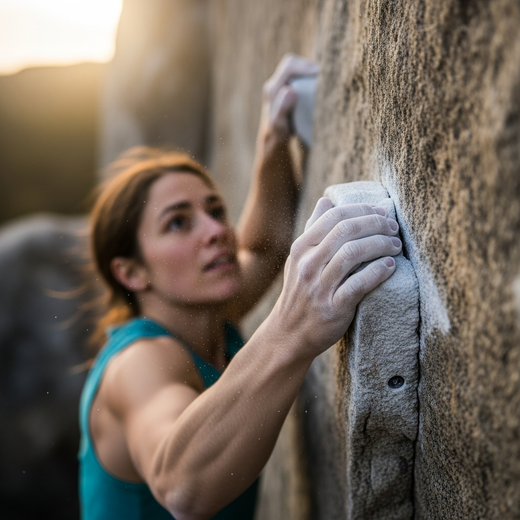 A determined rock climber with heavily chalked hands grips a steep outdoor rock face under bright sunlight.