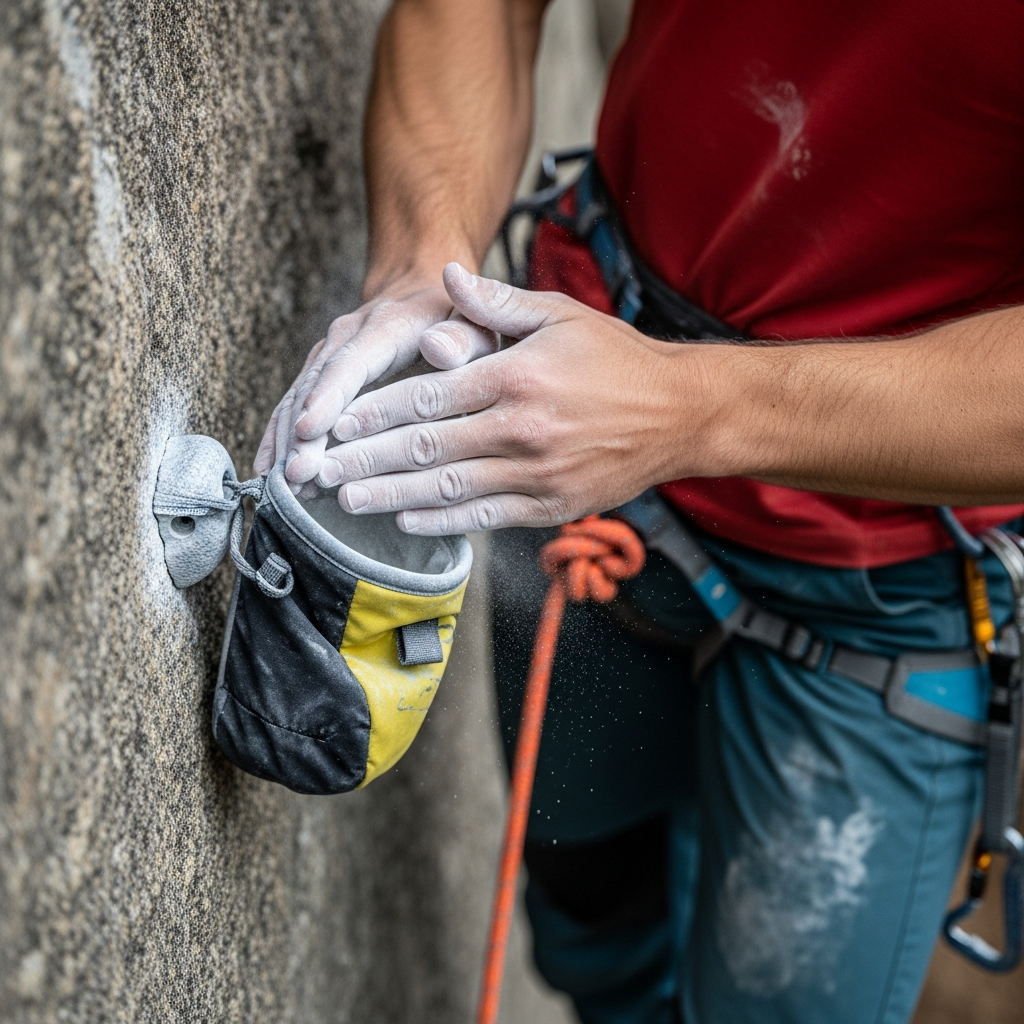 Climber chalking up
