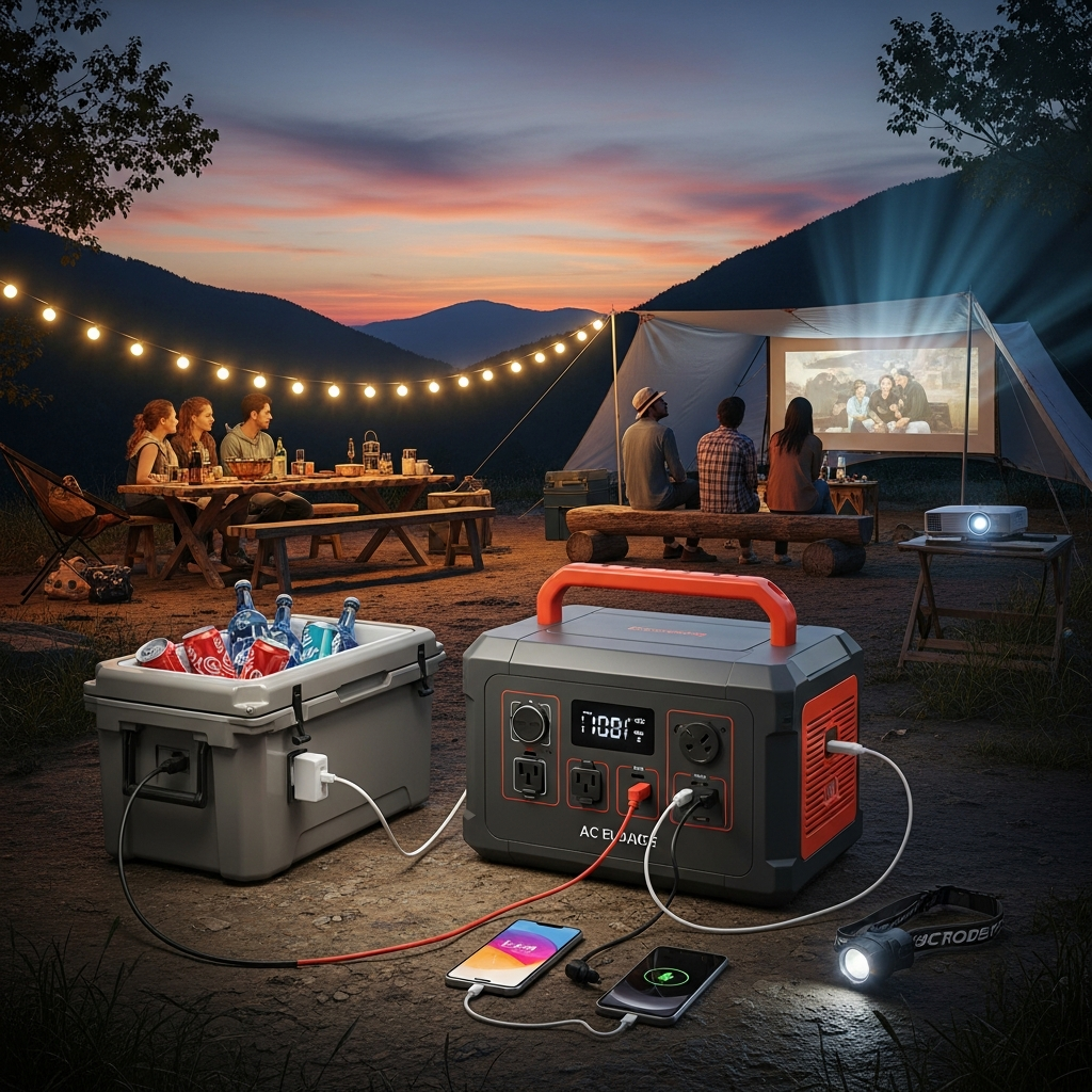 A high-capacity portable power station powering a remote campsite at dusk.