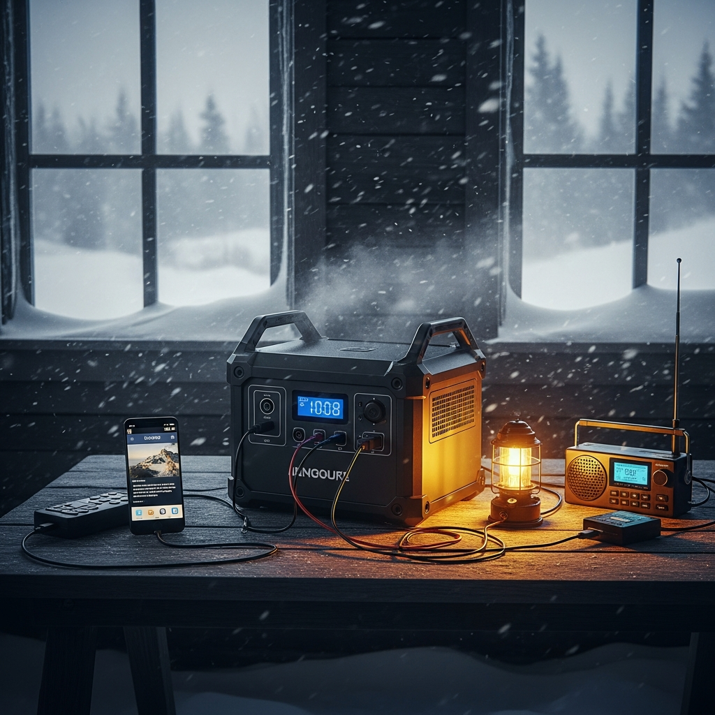 A high-tech rugged portable power station glowing warmly in a freezing snow-covered cabin during a winter blackout