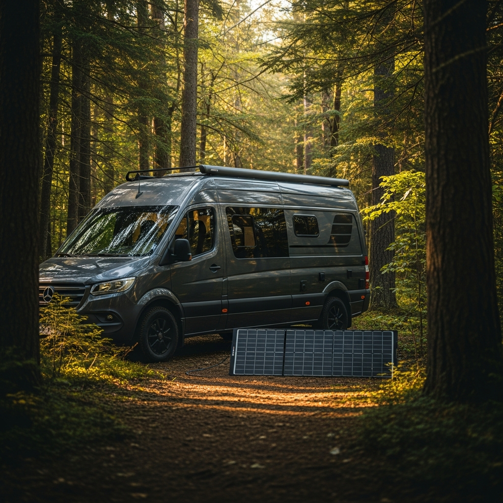 A sleek dark gray camper van parked off-grid in a dense forest with a foldable 200W solar panel deployed discreetly on the ground catching the afternoon sun.