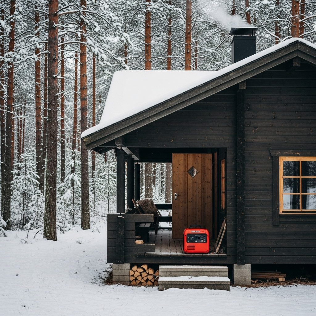 A scenic off-grid wooden cabin in a snowy pine forest with a compact quiet inverter generator running on the front porch.