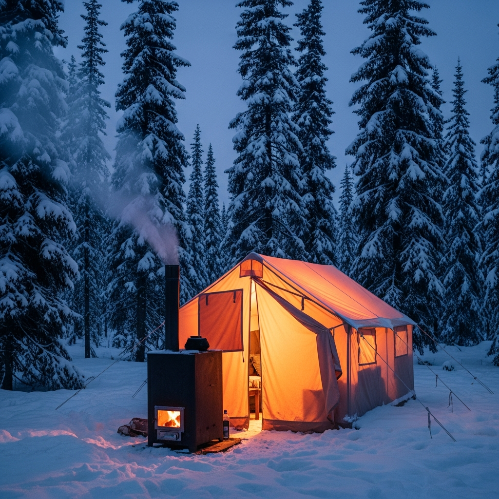 A rugged canvas hot tent glowing with warm light from a wood stove in a snowy winter forest at dusk.