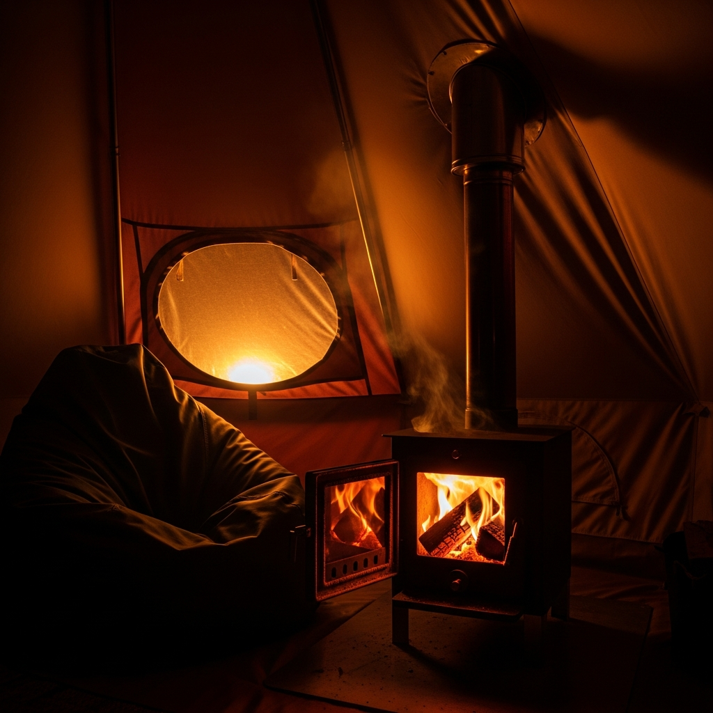glowing wood burning stove inside tent