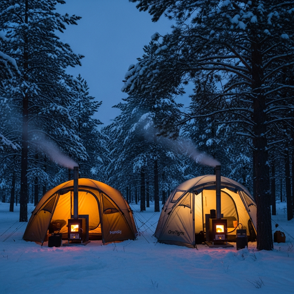 A high-contrast shot of a Pomoly and a OneTigris hot tent pitched side-by-side in a snowy pine forest at twilight, glowing warmly from internal wood stoves.
