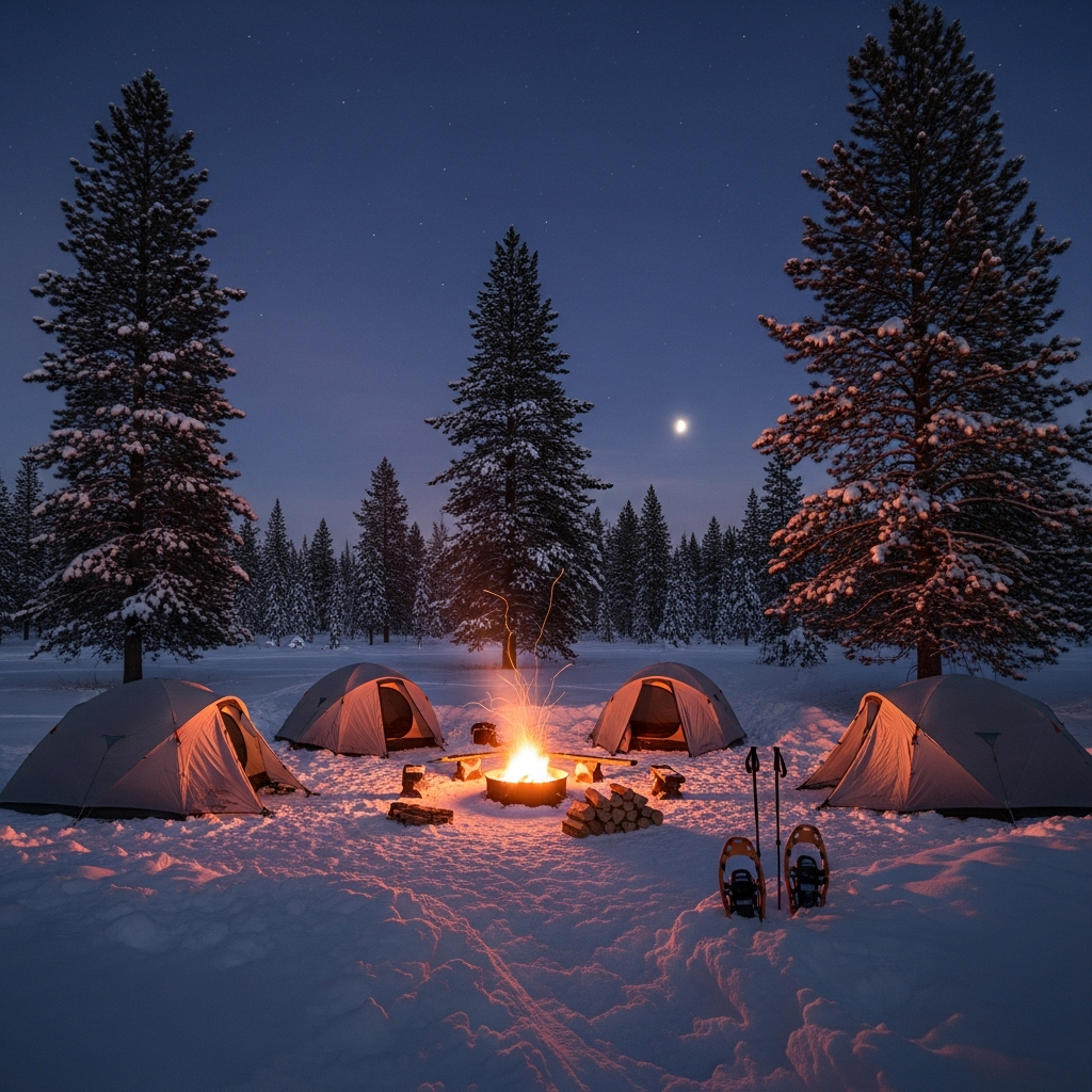 winter campsite twilight