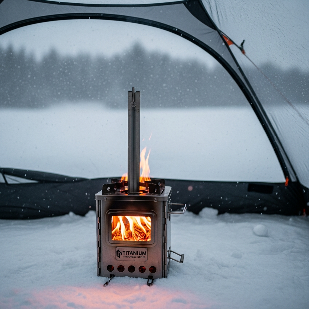 A high-tech titanium portable wood stove glowing orange inside a modern winter backpacking hot tent surrounded by deep snow.