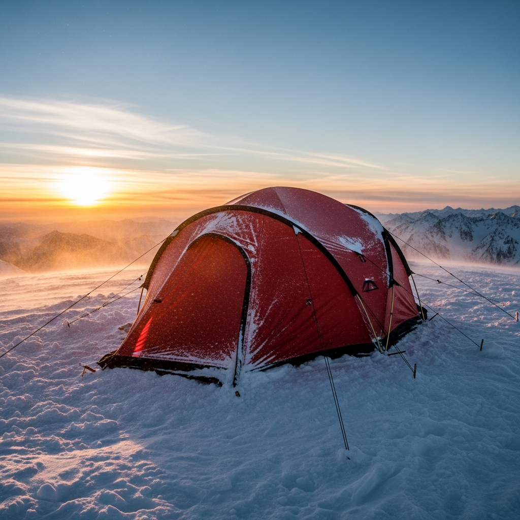 A rugged four-season tent standing firm against fierce alpine winds on a snow-covered mountain peak at dusk.