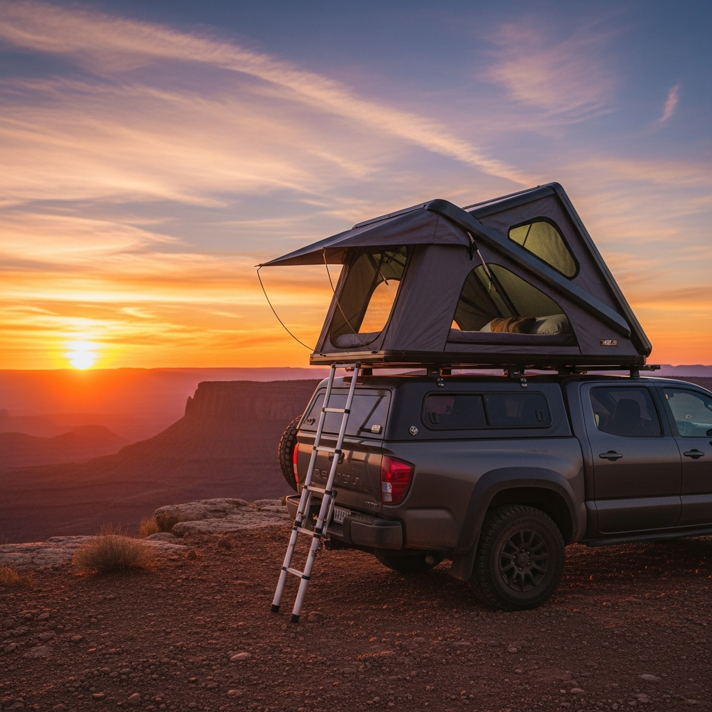 A rugged overland truck parked on a cliffside at sunset with a sleek open hardshell rooftop tent ready for camping.