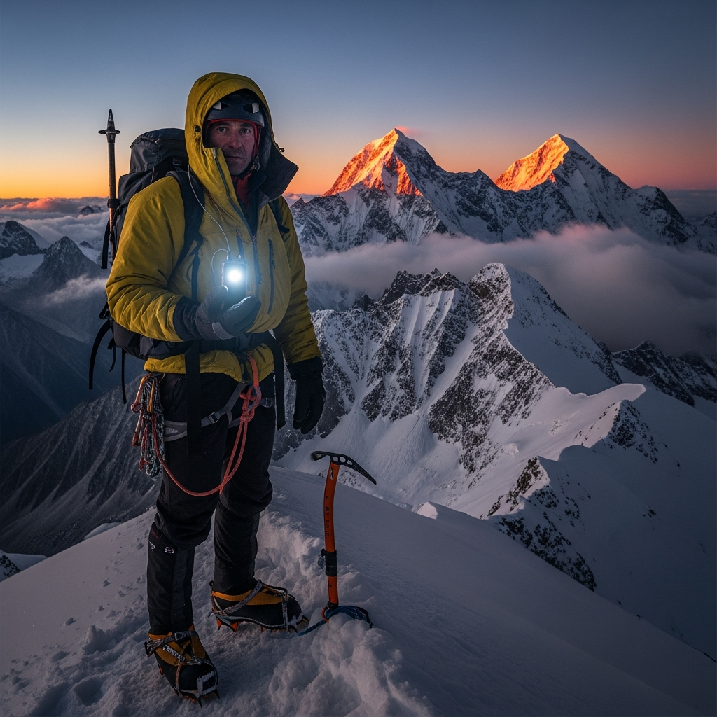 A rugged mountaineer holding a glowing satellite messenger against a dramatic snowy alpine peak at dusk.