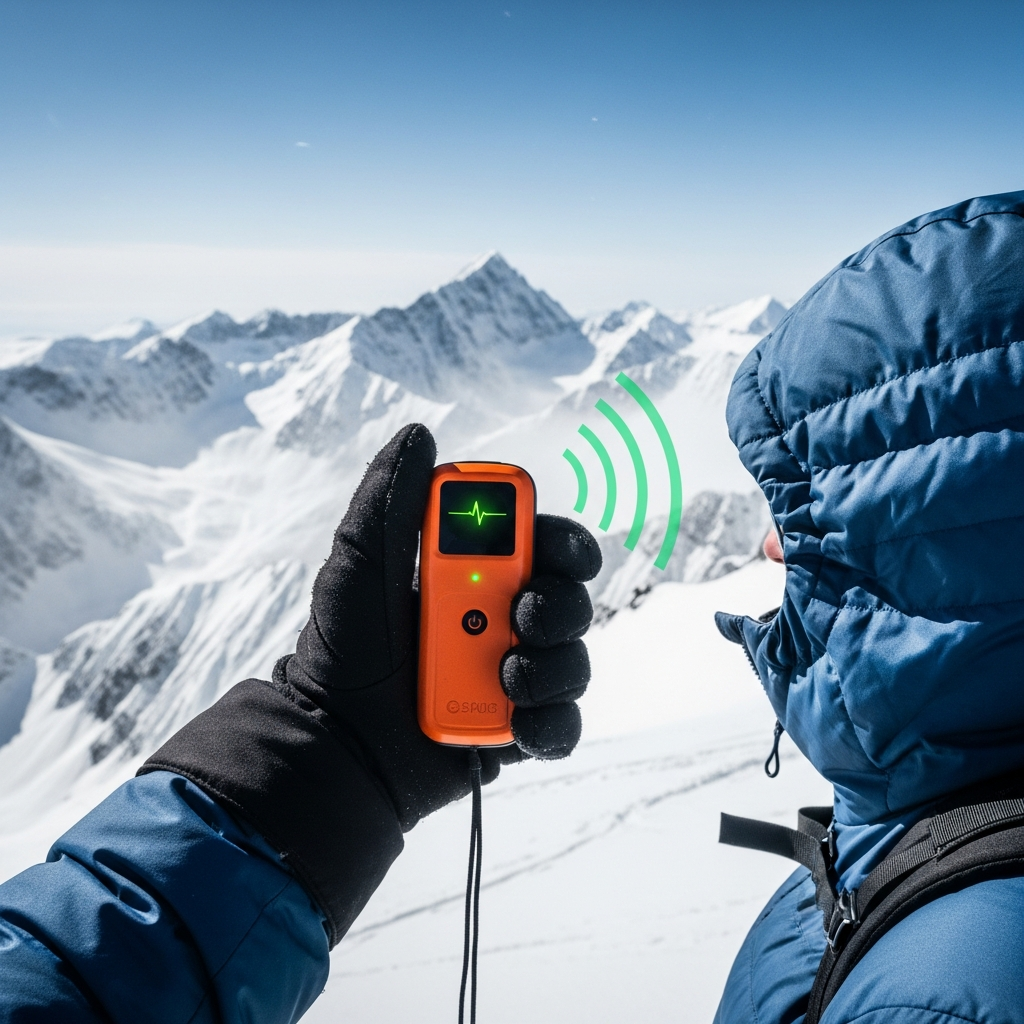 A hiker standing on a snowy mountain ridge holding a bright orange satellite messenger to signal their location.