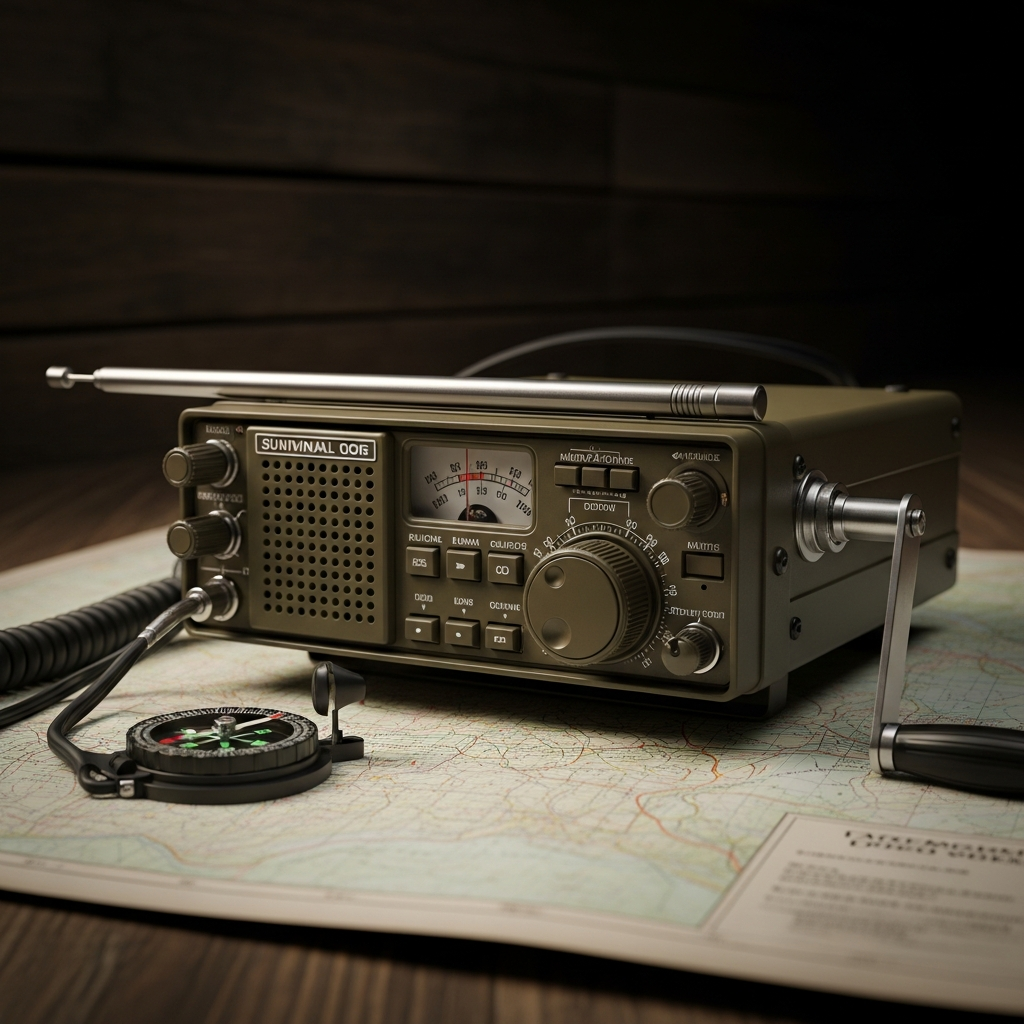 A rugged survival ham radio resting on a topographical map next to a tactical compass during an off-grid emergency scenario in 2026.