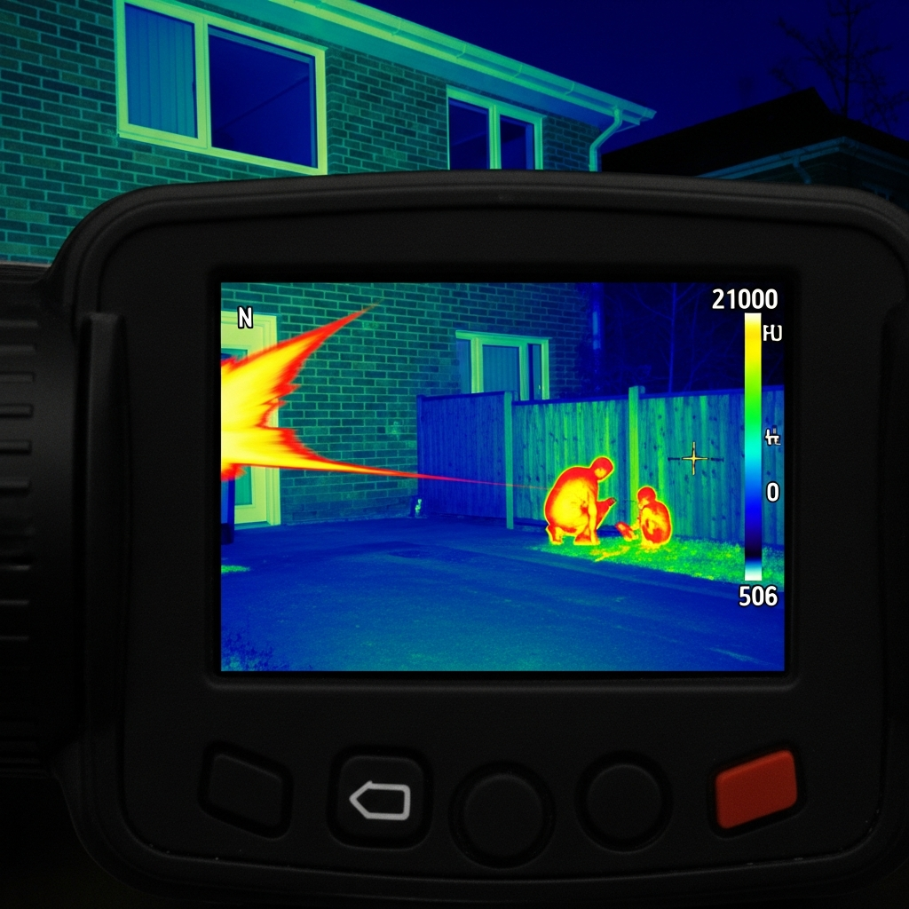 A high-tech thermal imaging monocular scanning a dark residential property perimeter in 2026, highlighting glowing heat signatures of potential intruders against the cool night background.