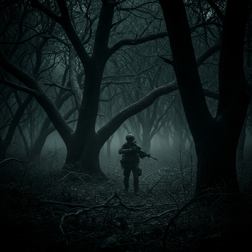 A tactical operator wearing modern digital night vision goggles scanning a dark dense forest during a 2026 survival scenario.