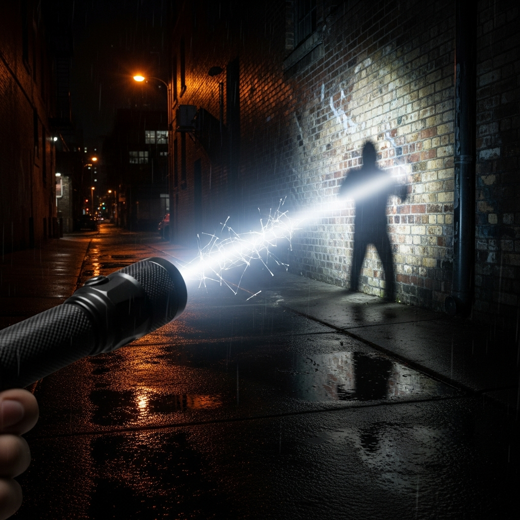 A high-lumen tactical flashlight piercing through the darkness and blinding an unseen threat in a dark urban environment.