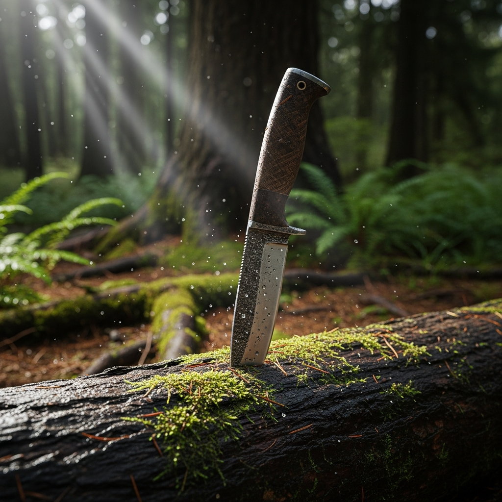 A rugged full tang survival knife driven deeply into a damp log against the backdrop of a dense 2026 wilderness setting.