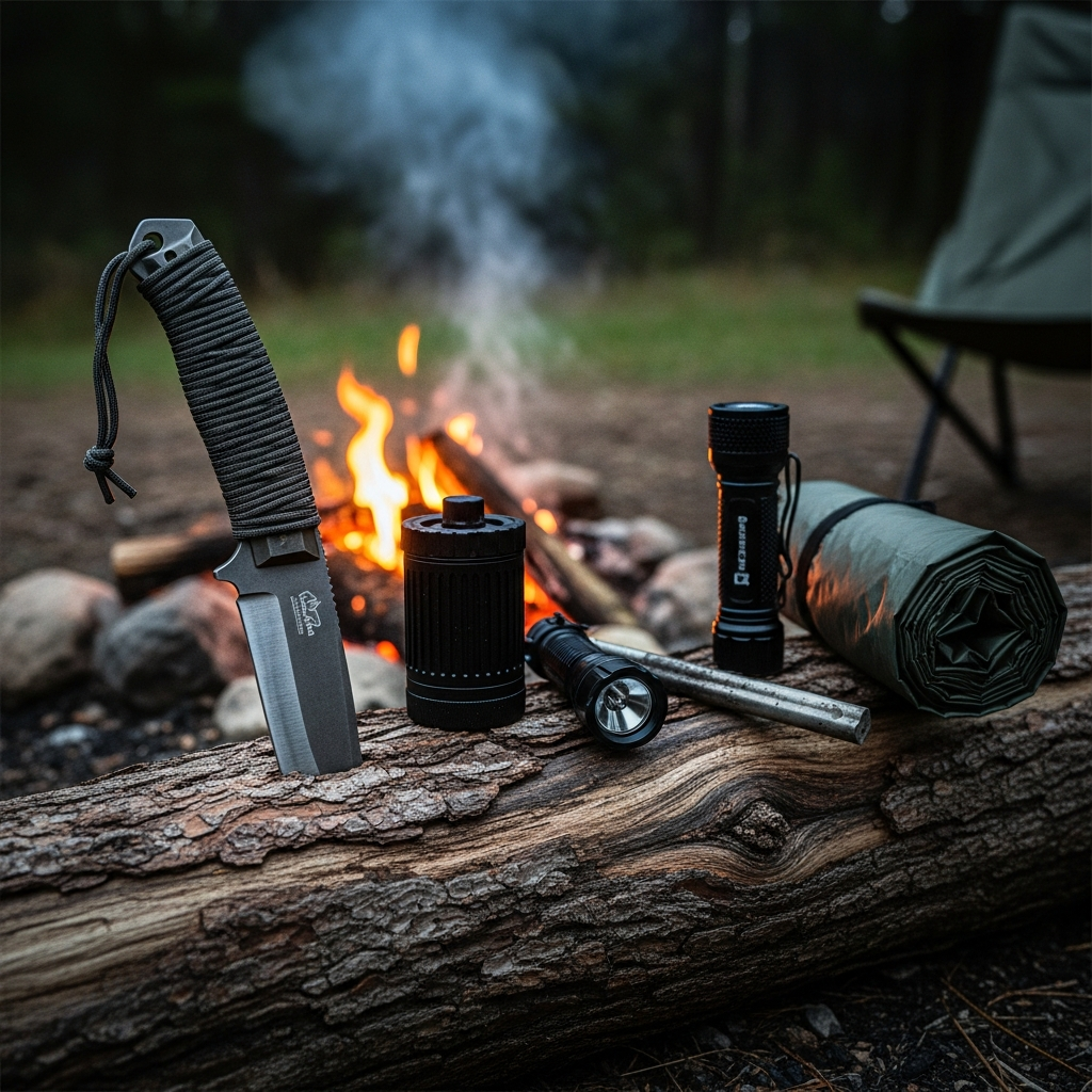 A rugged bushcraft knife stuck deeply into a weathered log next to a glowing campfire at dusk representing elite survival gear for 2026.