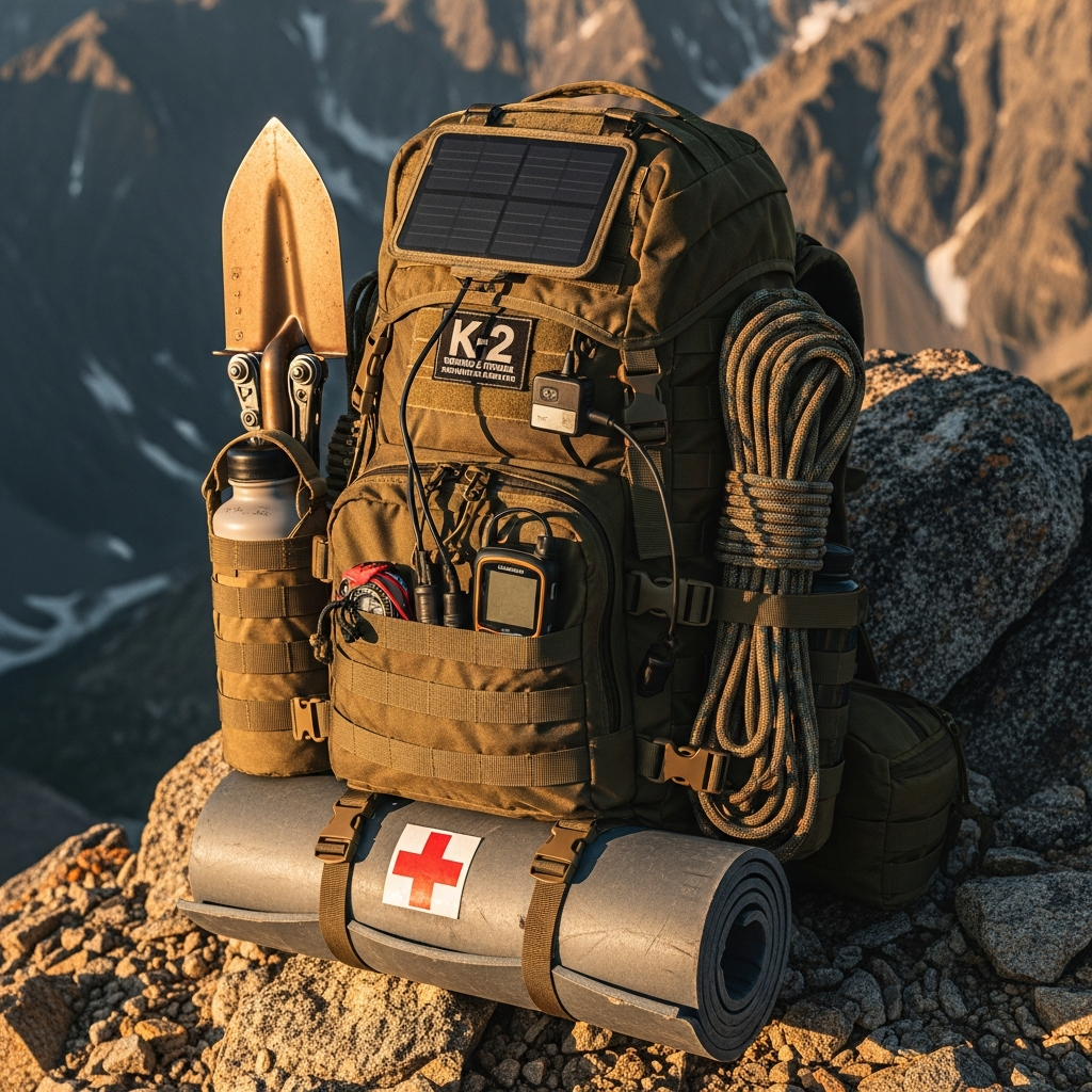 A rugged fully loaded tactical backpack resting against a rocky mountain terrain during a 2026 survival expedition.