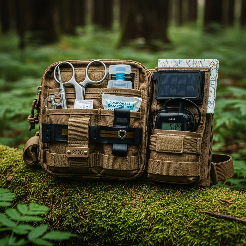 A rugged, fully stocked IFAK trauma kit resting on a mossy log in a dense forest, highlighting readiness for remote survival in 2026.