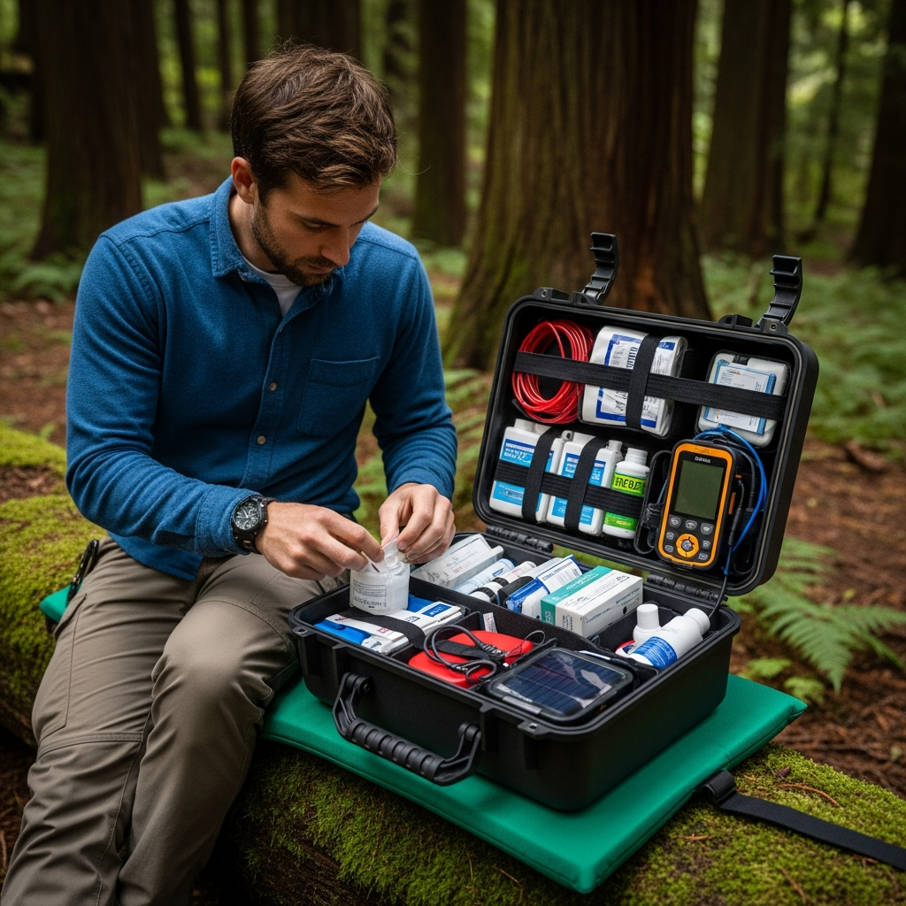 A rugged explorer rapidly deploying a high-tech modular wilderness trauma kit on a mossy log deep in the Pacific Northwest forest.