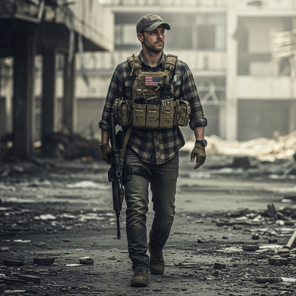 A rugged tactical operator in a post-apocalyptic urban setting wearing a modern heavy-duty plate carrier over casual civilian clothing during a SHTF survival scenario.