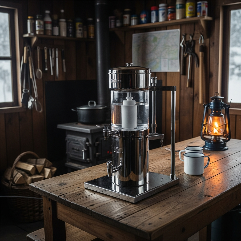A rugged stainless steel gravity water filter set up on a wooden table inside a remote off-grid survival cabin