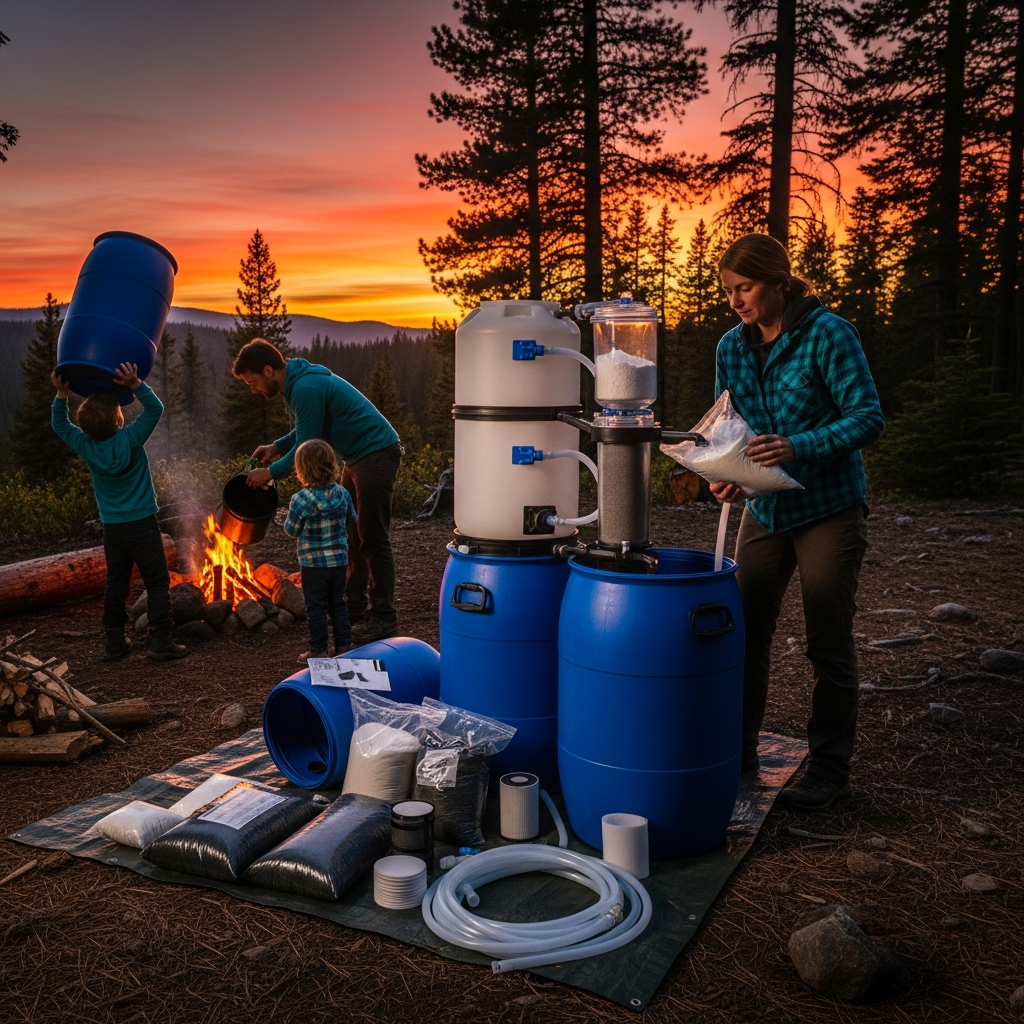 A family assembling a large gravity water filter at a remote forest campsite during sunset.