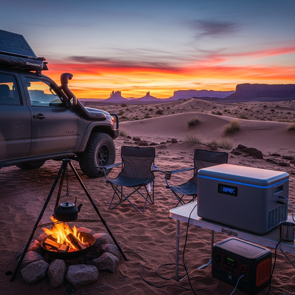 A rugged overland vehicle parked in a stunning remote desert landscape at sunset with a modern 12V portable refrigerator sitting next to a campfire setup.